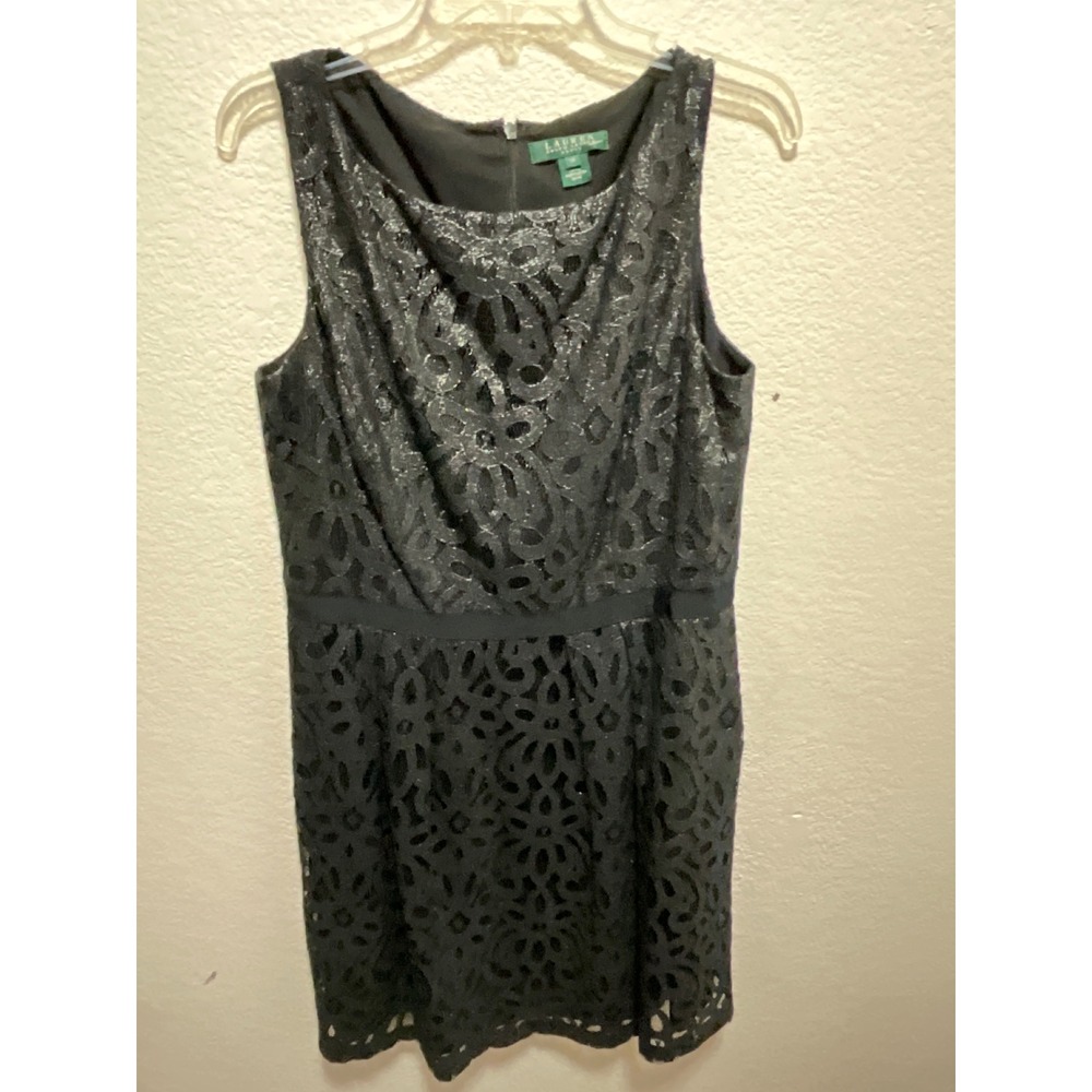 Lauren Ralph Lauren Black Lace Sheath Dress Size 14 Sleeveless Party